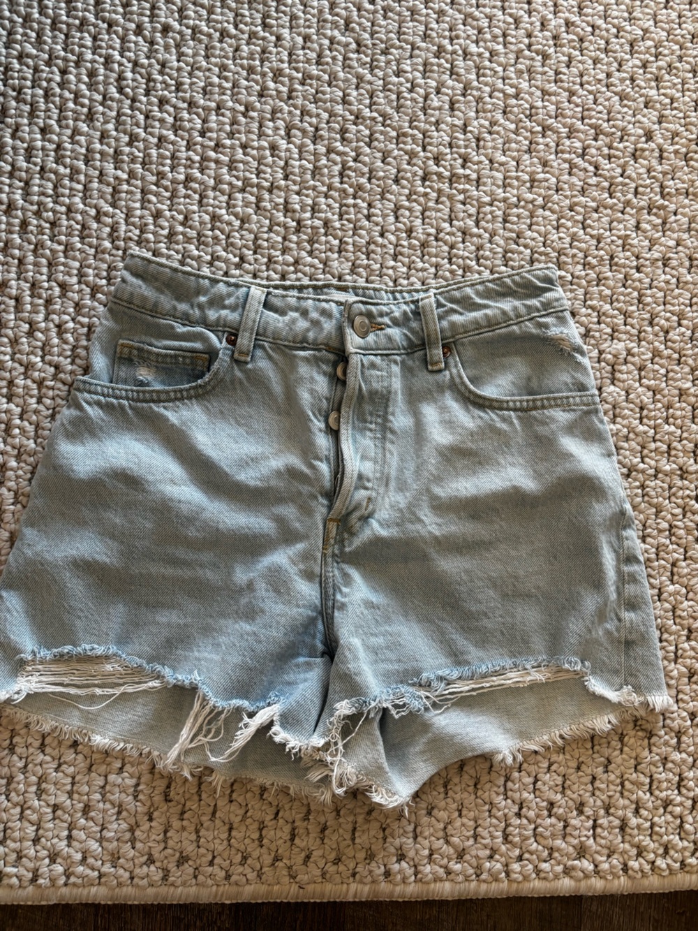 H&M Light Blue High-Rise Frayed Denim Shorts